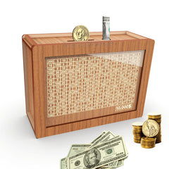 CYANLUX wooden piggy bank counter showing progress toward the $10,000 goal.