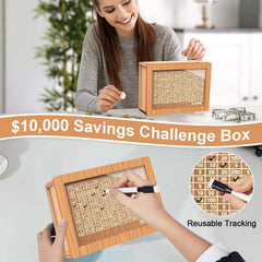 CYANLUX savings challenge counter marks crossed amounts with a tactile wooden feel.