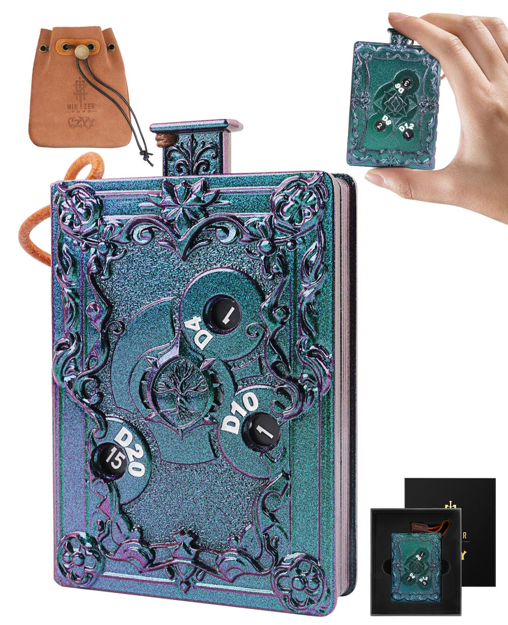 CZYY MinZerTRPG roulette dice in closed spellbook design for travel-ready convenience.