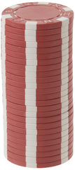 Close-up of DA VINCI 50 dice-striped red chips emphasizing the metal insert and balance