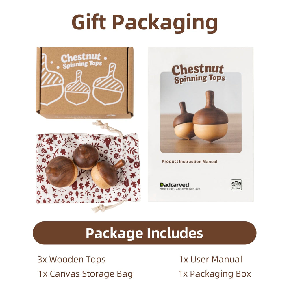 DadCarved gift-ready packaging for wooden spinning tops