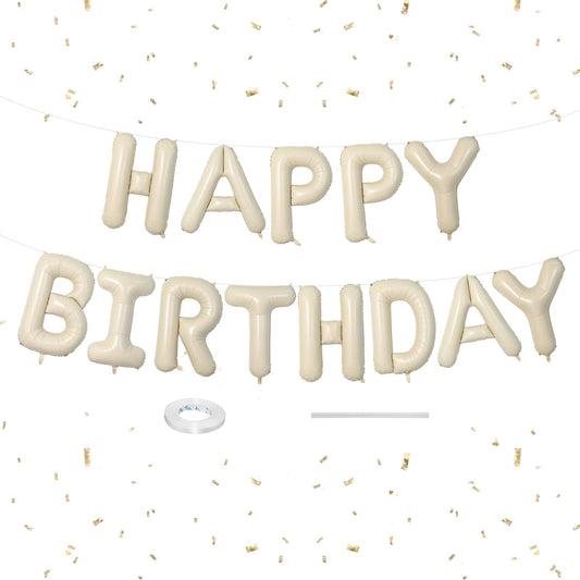 Dagelar Happy Birthday banner in cream white foil letters for festive celebrations.