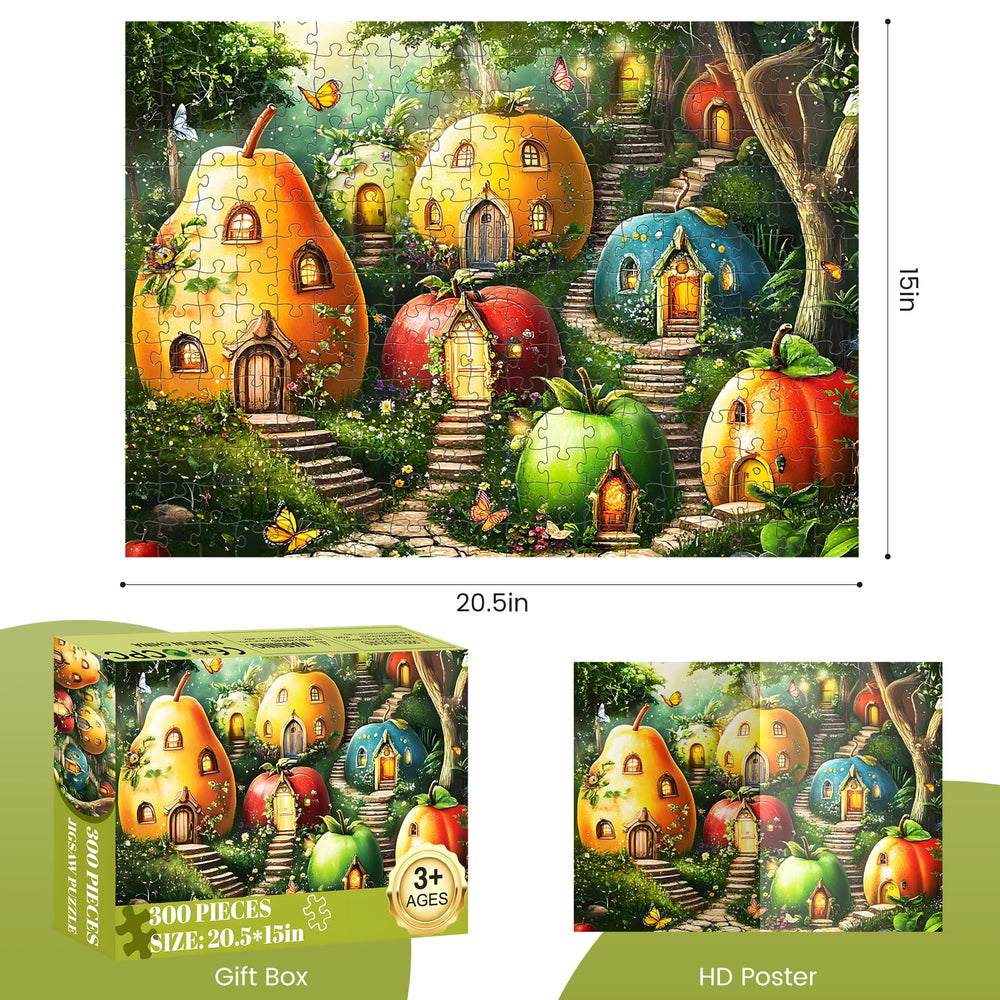 DAGIRT 300-piece puzzle with whimsical fruit houses shown in bright colors