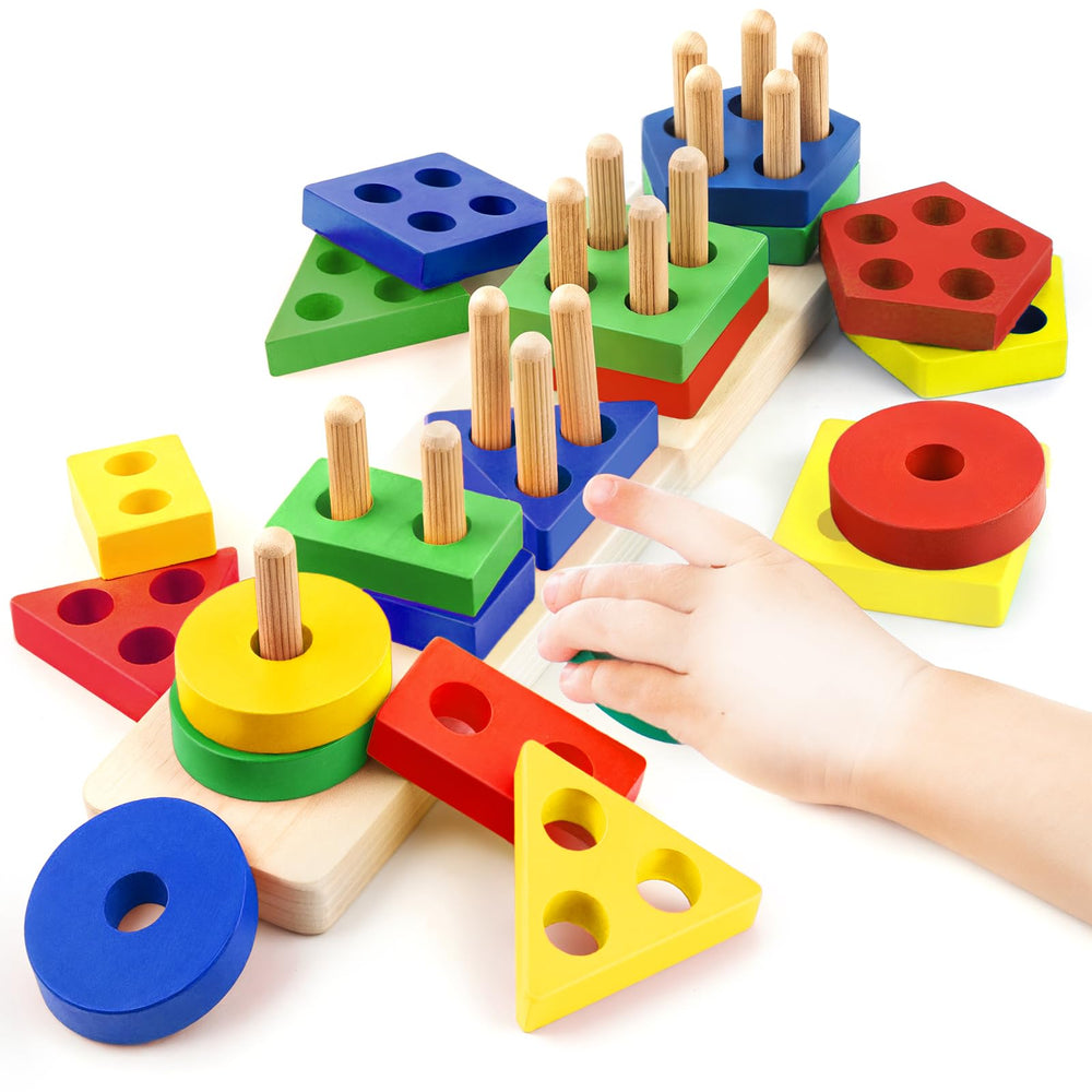 Daisiki colorful wooden blocks puzzle for color recognition and fine motor practice.