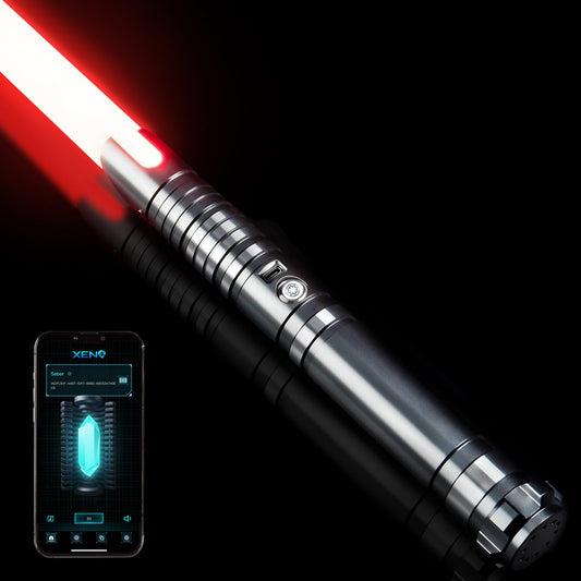 DAMIENSABER Upgrade RGB3.0 hilt close up shows premium aluminum grip for comfortable dueling.