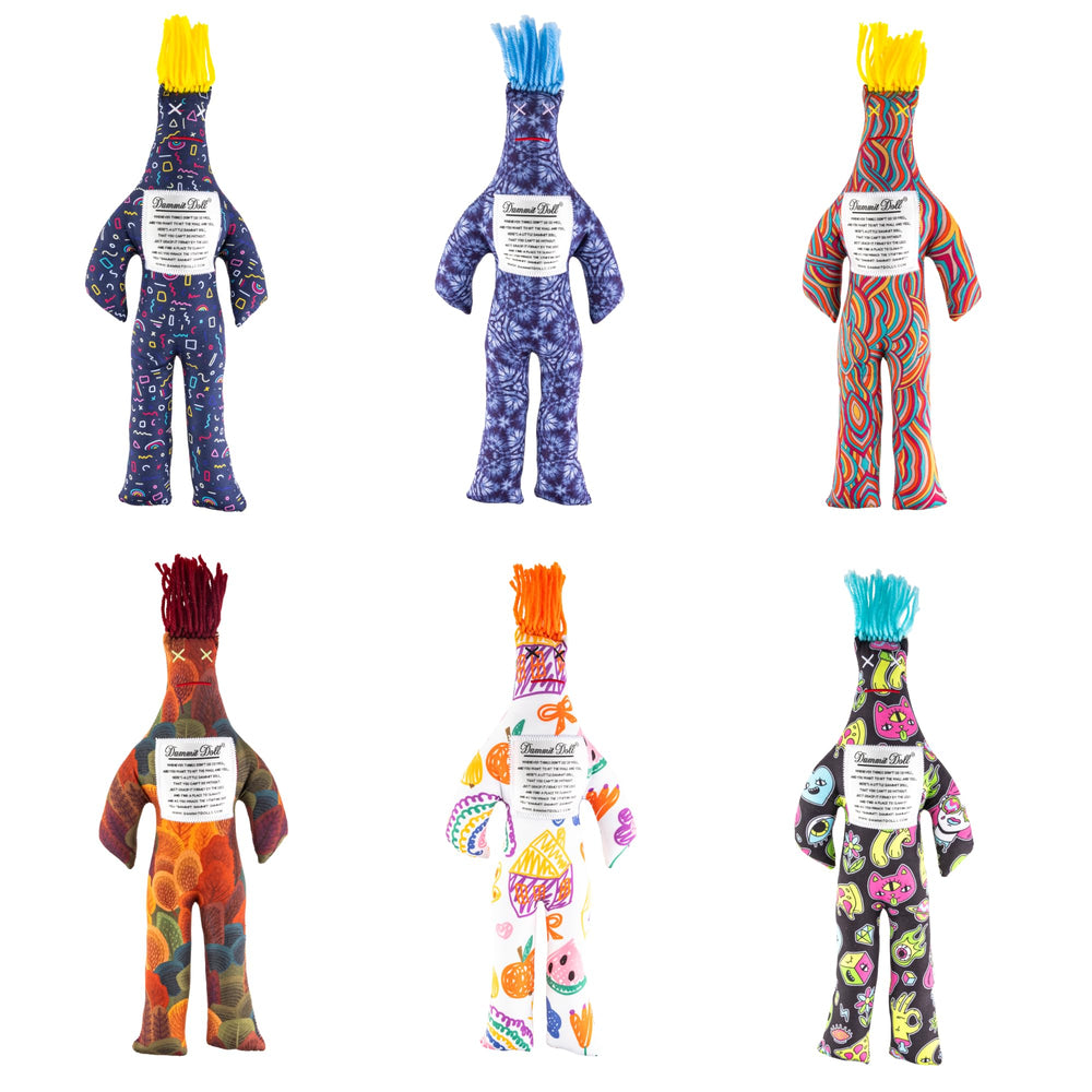 Dammit Doll random color packaging shows unpredictable patterns for lighthearted stress relief at home.