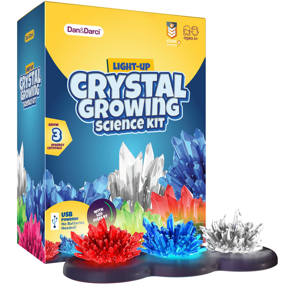 Dan and Darci crystal growing kit glow display for nighttime crystal art.