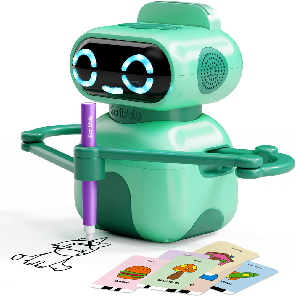 Dan&Darci Scribbly drawing robot guiding kids through step-by-step art.
