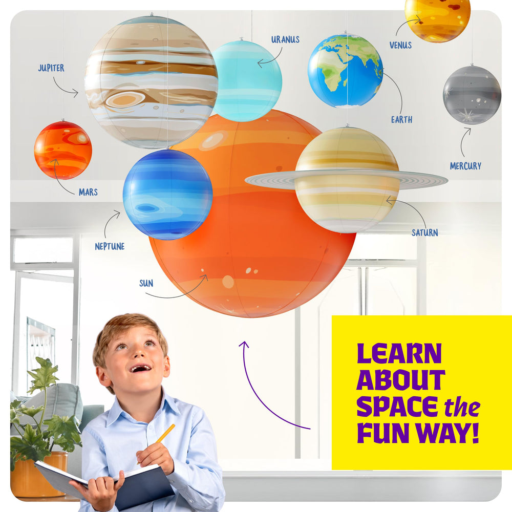 Dan&Darci inflatable planets hang from ceiling using strings for immersive decor