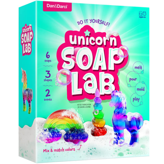 Dan&Darci unicorn soap kit molds shown with colorful soaps