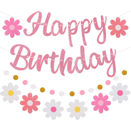 Danadia pre-strung Happy Birthday banner with pink flowers for easy indoor decorating