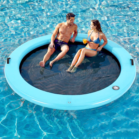 Danrelax Sunchill 8ft round floating dock on water, ideal for lakes and pools