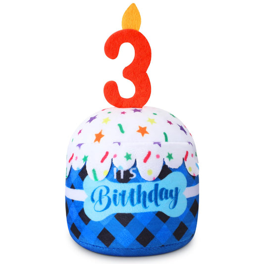 Dansydaisy dog 3rd birthday cake toy, front view for celebrations and play.