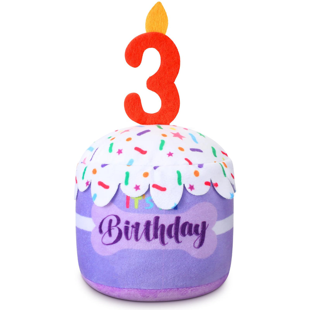 Dansydaisy dog 3rd birthday cake toy in purple for playful celebrations.