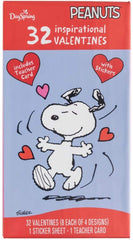 Dayspring Peanuts valentines box with Snoopy designs for classroom sharing.