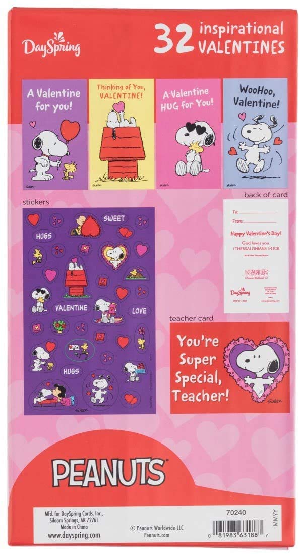 Dayspring Peanuts sticker page and teacher card ideal for classroom celebrations.