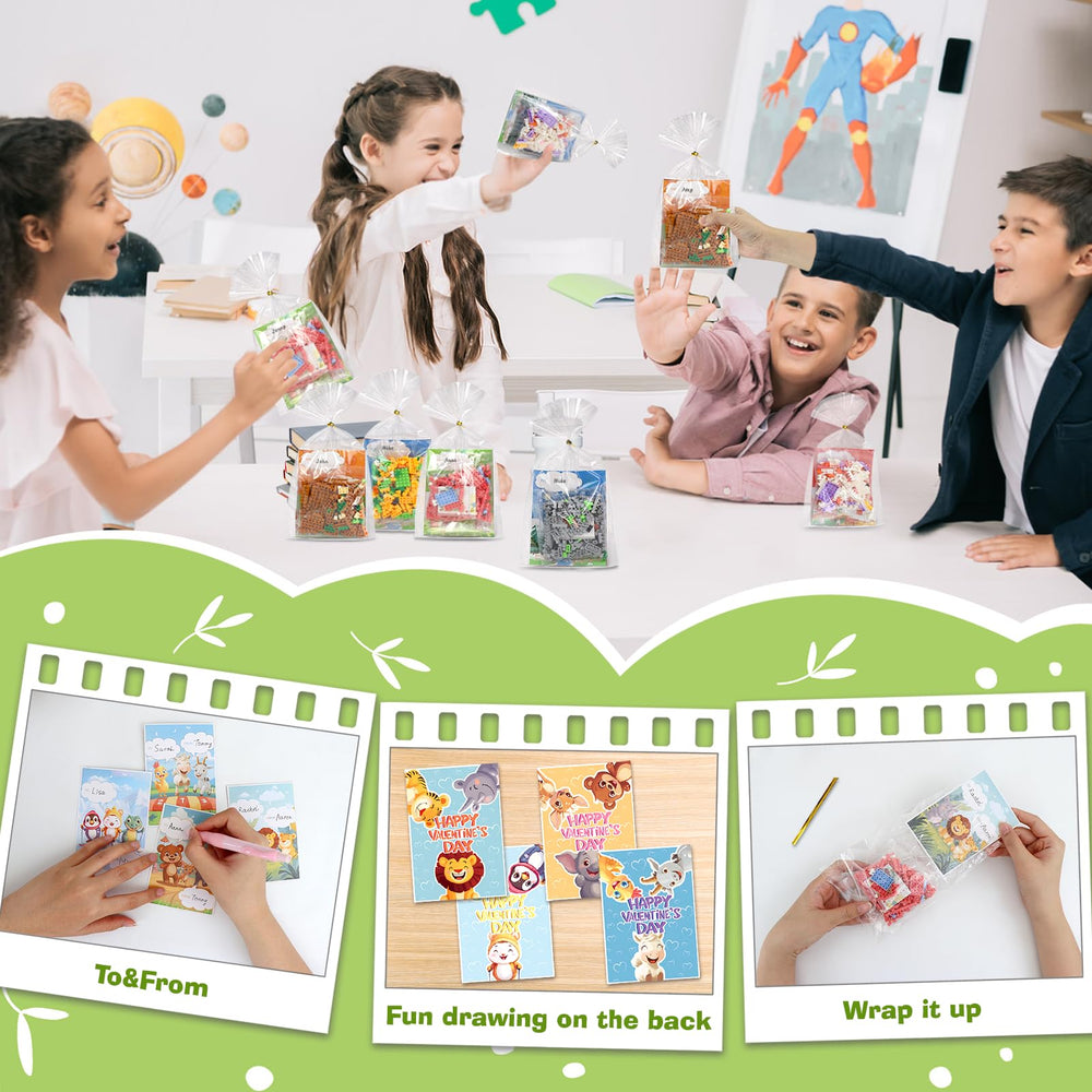 DBPBToU animals-themed valentines cards paired with blocks to spark creativity.