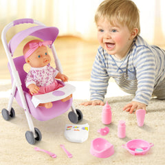 deAO Baby Doll Set mobile high chair for pretend feeding activities