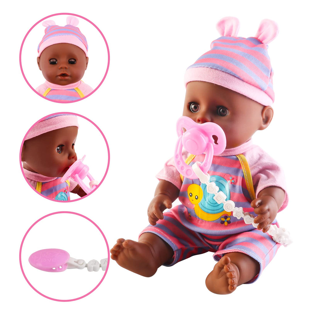 deAO Black Baby Doll Set drinking cups encourage sharing and social play.