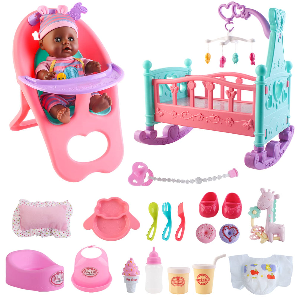 deAO Black Baby Doll Set doll for nurturing pretend play and storytelling.