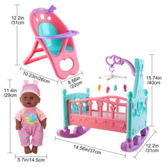 deAO Black Baby Doll Set feeding bottle supports pretend nourishment.