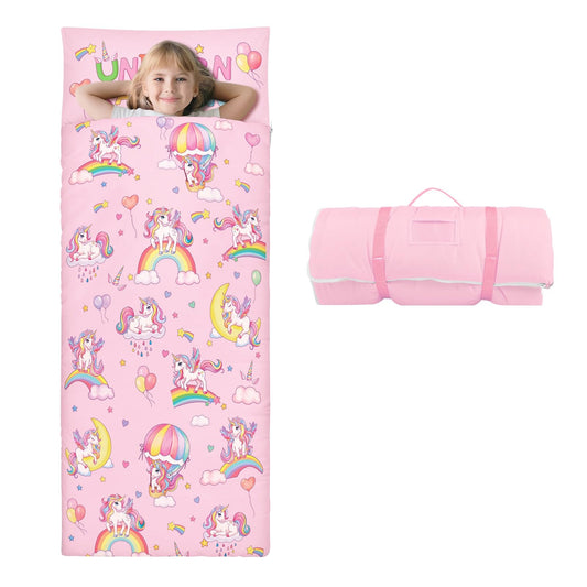 DecalSweet kids sleeping bag with removable pillow demonstrates easy washing and adjustable comfort.