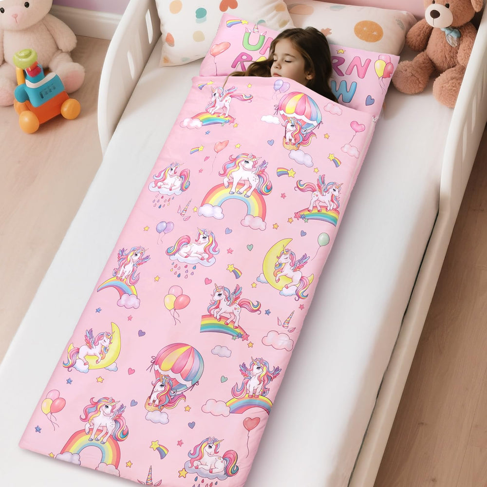 DecalSweet nap mat with carrying handles ready for camping and daycare transport.