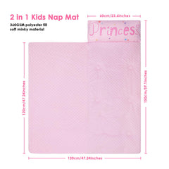 Nap mat rolled for easy transport with handles and compact form.