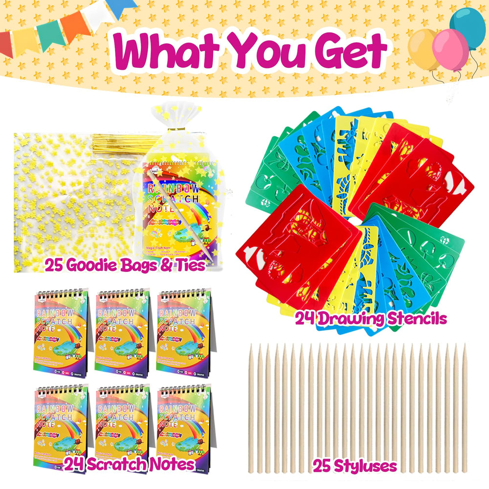 Decojoy rainbow scratch notebooks on display show vivid color reveals after scratching.