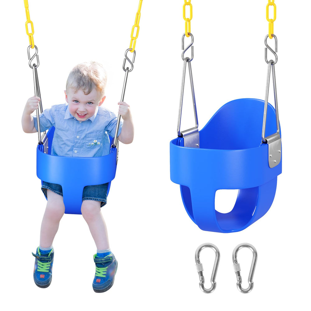 Decorlife toddler swing seat front view highlighting roomy basket for safe backyard fun.