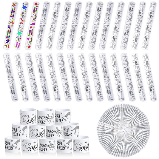 Deekin 72-pc color-your-own faith slap bracelets package for DIY crafts.