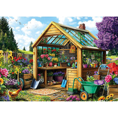 Deepcom 1000-piece garden shed greenhouse puzzle with a bright floral scene for mindful focus
