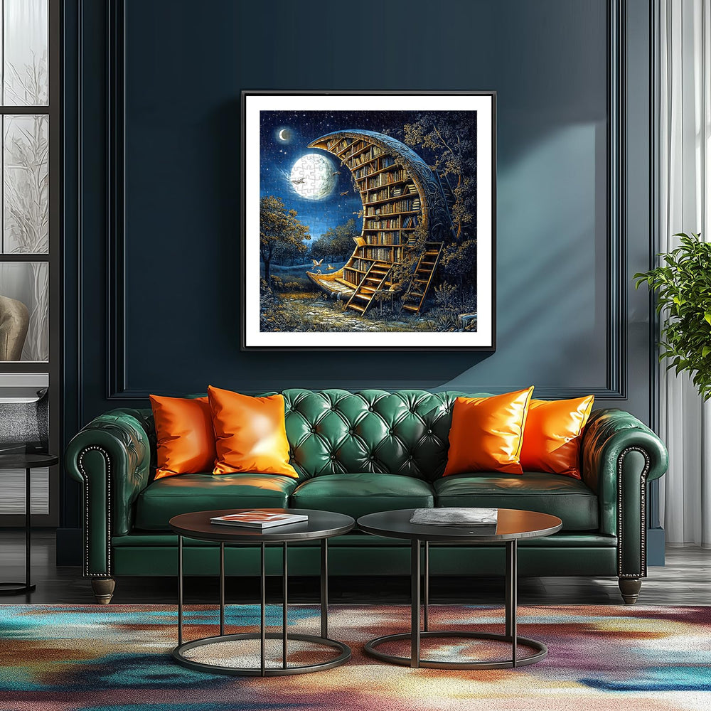 Deepcom Moonlit Book Haven puzzle detail highlights intricate 500-piece challenge.
