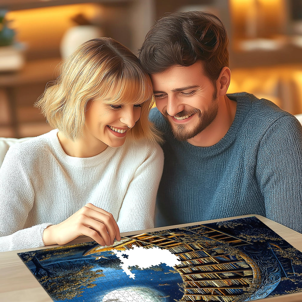 Deepcom Moonlit Book Haven puzzle finished display suggests elegant wall decor.