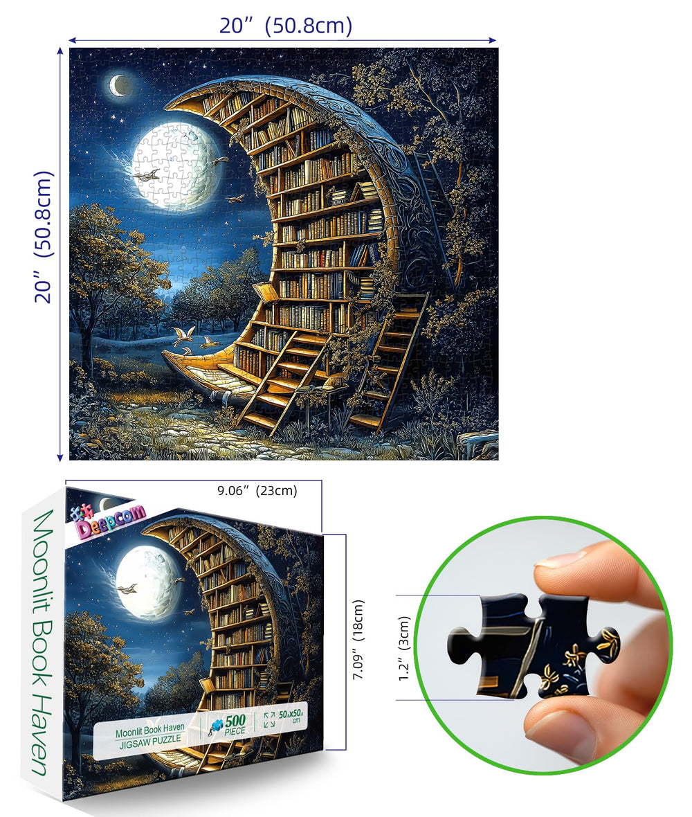 Deepcom Moonlit Book Haven night library scene invites calming, immersive puzzle sessions.