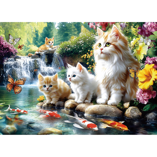 Deepcom Serene Cat Garden puzzle shows a tranquil waterfall with koi and butterflies for calm evenings.