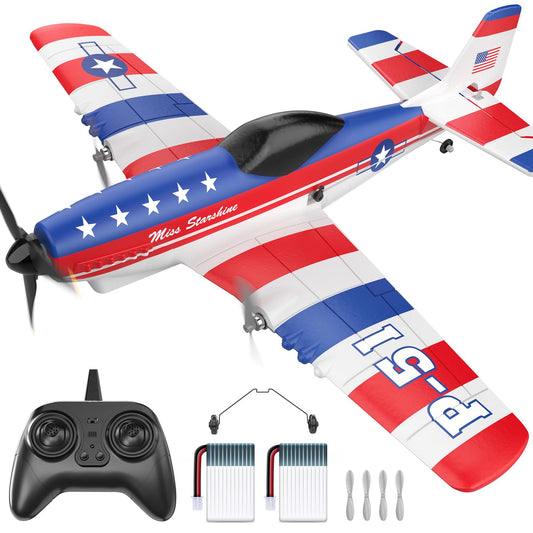 DEERC P51D Mustang RC plane front view showing stable handling for beginners