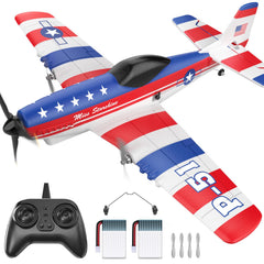 DEERC P51D Mustang RC plane front view showing stable handling for beginners