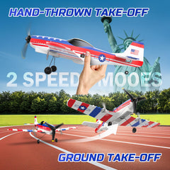 DEERC P51D Mustang RC plane side profile highlighting aerodynamic wings and resilience
