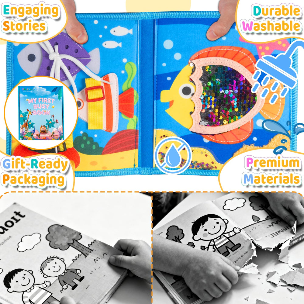 DEGIDEGI Busy Book soft felt material, safe for little hands and mess-free play.