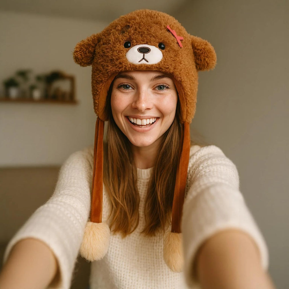 Deletoys cow plush hat with moving ears for festive looks.