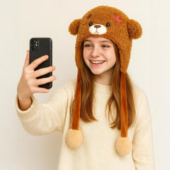 Deletoys Highland cow plush hat with animated ears.