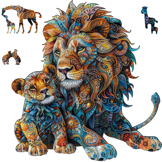 Delobil Lion Family wooden puzzle front view, vibrant family scene for bonding