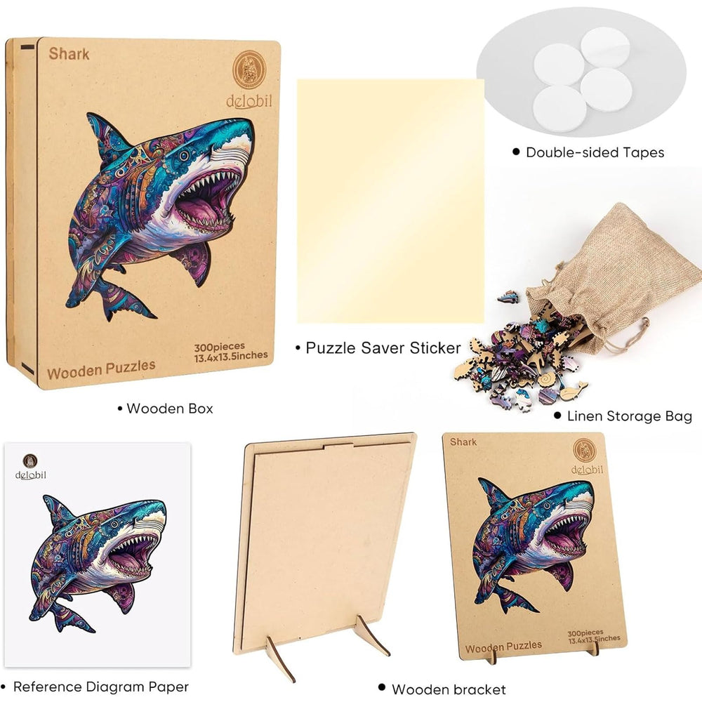 Delobil puzzle kit includes reference image and storage bag for easy setup.
