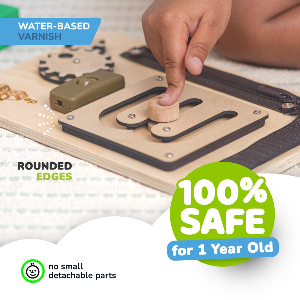 deMoca Sensory Busy Board gears encourage problem solving through tactile play.