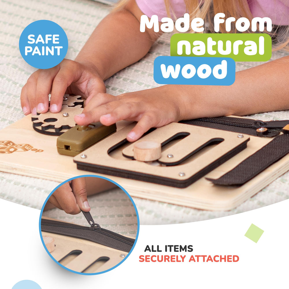 deMoca Sensory Busy Board shoelace threading activity supports lacing skills and dexterity.