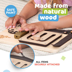 deMoca Sensory Busy Board shoelace threading activity supports lacing skills and dexterity.