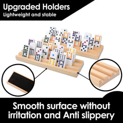 Eight wooden holders securely organize dominoes for quick setup.