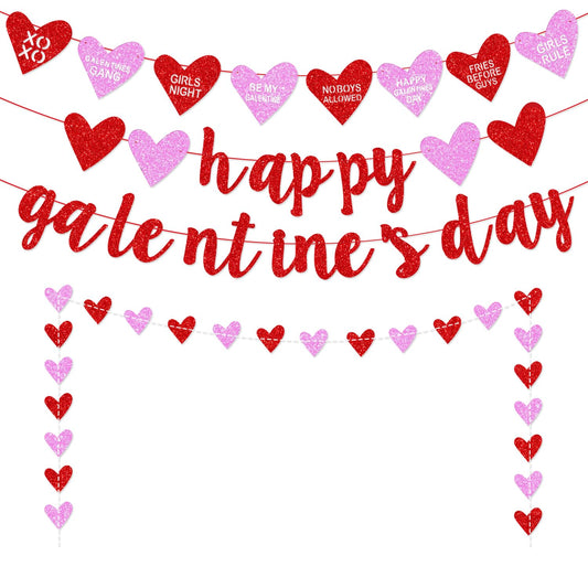 Deneo Happy Galentineβs banner with red glitter and heart garland for festive photos.