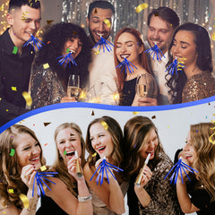 Denylo pro handing out blue tassel-noisemakers at events